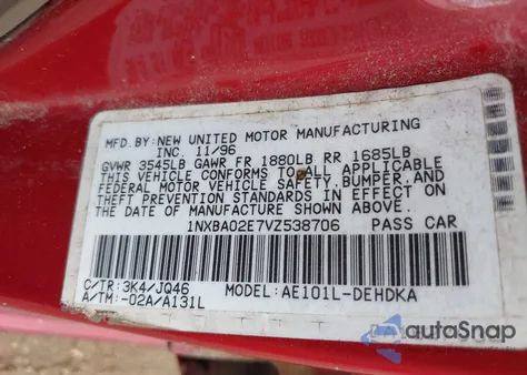 1997 Toyota Corolla Ce из США, поврежденный, VIN 1NXBA02E7VZ538706